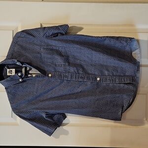 Kennington LTD California, Button Down Short Sleeve Shirt,Small, Blue/white